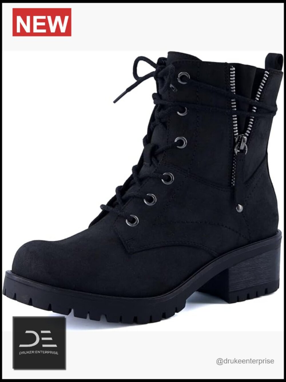 Vegan Nubuck Leather Lace-Up Side Zipper Combat Boots Memory Foam Insoles Faux